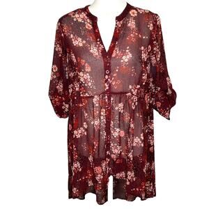 Torrid Burgundy Floral Chiffon Hi-Low V-Neck Roll Tab Sleeve Tunic Top Blouse